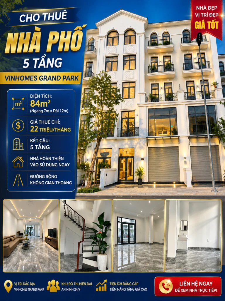 Giá tốt, cho thuê nhà phố Vinhomes Grand Park, 84m2 hoàn thiện 5 tầng, khu nhà phố biệt thự — ảnh 1