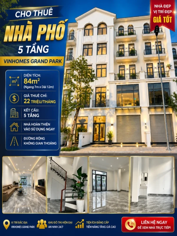 Giá tốt, cho thuê nhà phố Vinhomes Grand Park, 84m2 hoàn thiện 5 tầng, khu nhà phố biệt thự