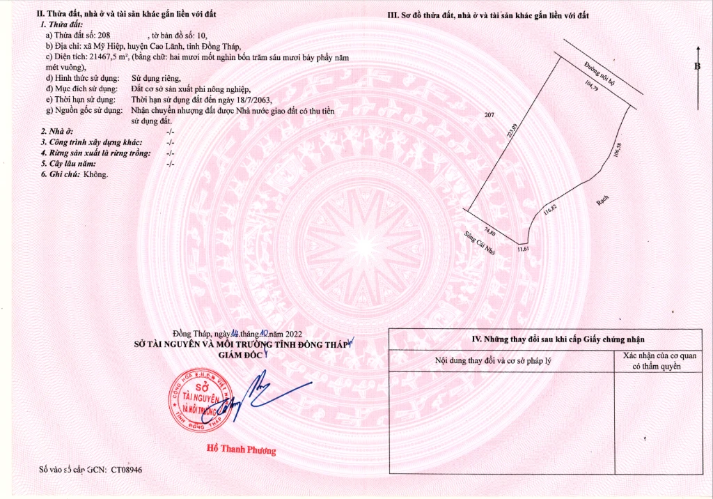 BÁN QUỸ ĐẤT MỸ HIỆP, CAO LÃNH, ĐỒNG THÁP, ĐẤT SẢN XUẤT NÔNG NGHIỆP, DT 21,467M2, SỔ RIÊNG, GIÁ TỐT — ảnh 1