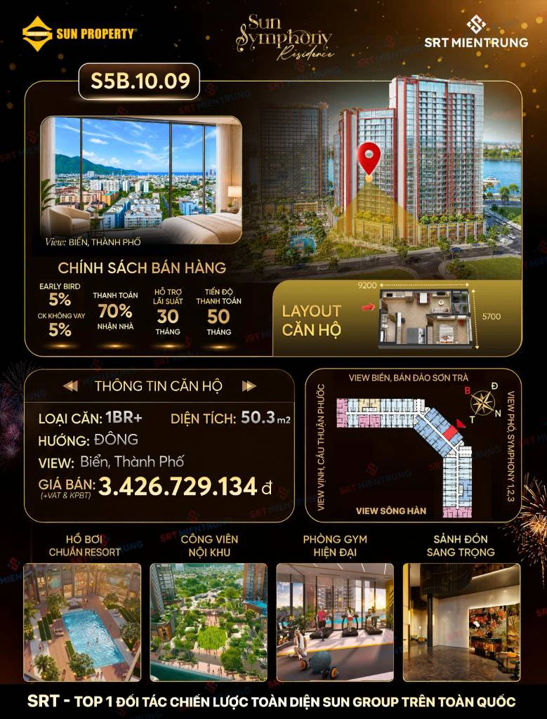 BÁN CĂN HỘ SUN SYMPHONY RESIDENCE, 1PN+ 50M2 VIEW CÔNG VIÊN, PHÂN KHU KINH DOANH SONATA — ảnh 1