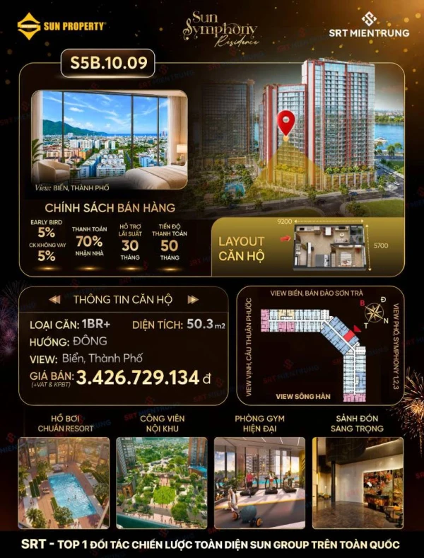 BÁN CĂN HỘ SUN SYMPHONY RESIDENCE, 1PN+ 50M2 VIEW CÔNG VIÊN, PHÂN KHU KINH DOANH SONATA