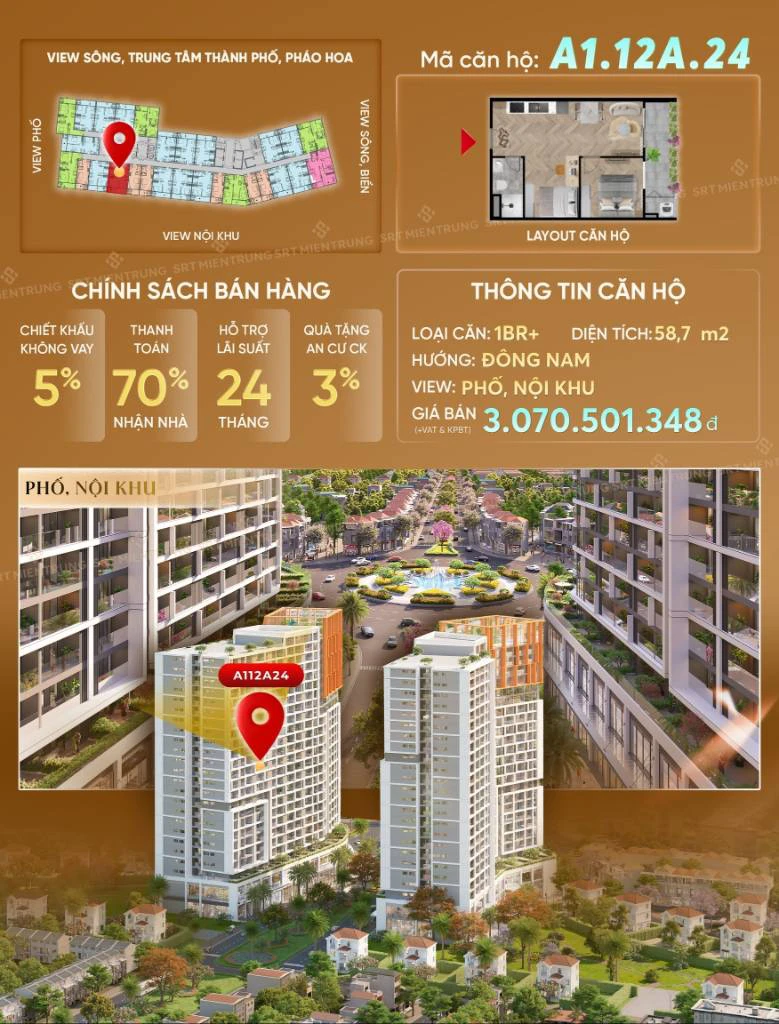 BÁN CĂN HỘ SUN CORA TOWER, CĂN 1PN+ , 54M2 , CHỈ 2,5 TỶ KHI THANH TOÁN NHANH, GIÁ TỪ CĐT — ảnh 1